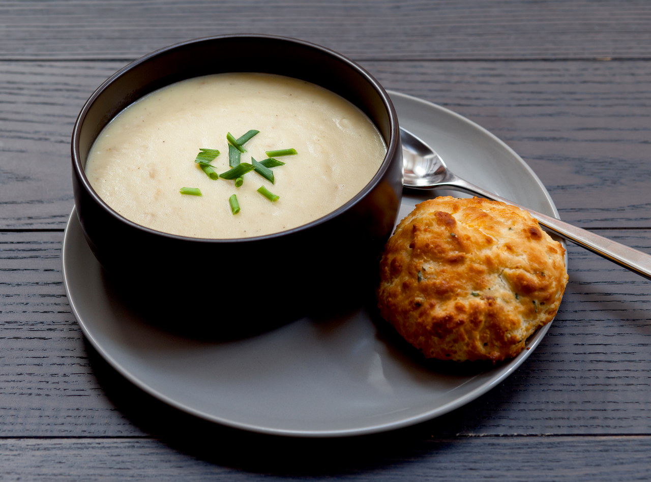 Potato Leek Soup with Cheddar Chive Biscuit by Chef Katie Cox