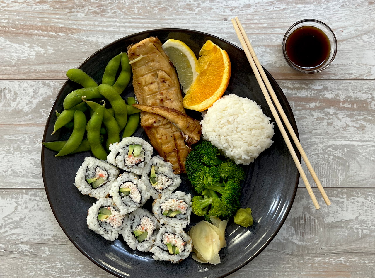 Grilled Mackerel and Sushi Combo Bento by Chef Saki Narusaka