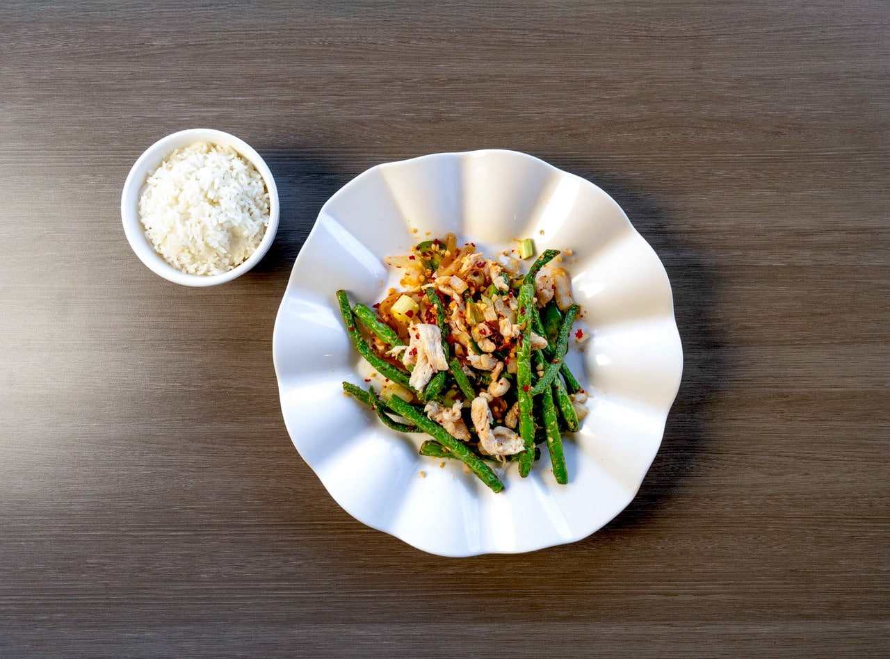 Gluten Free Szechuan Style Green Beans with Chicken Plate by Chef James Zhou