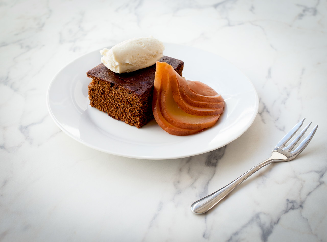 Gingerbread Cake with Poached Pear by Chef Larry Milner