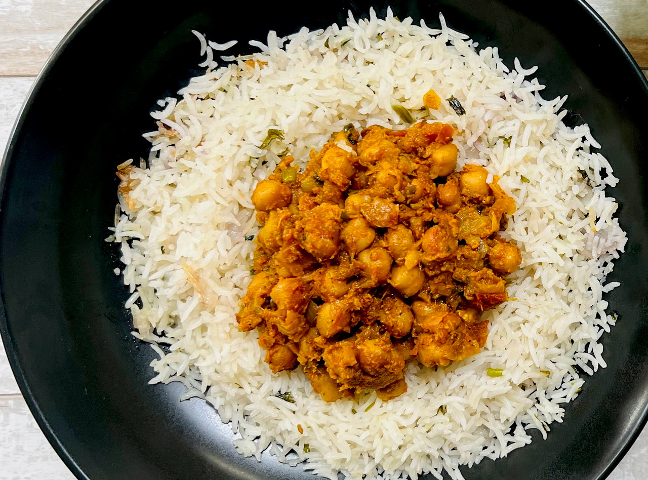 Gluten Free Chana Masala Rice Bowl by Chef Anubha Singh - White Center