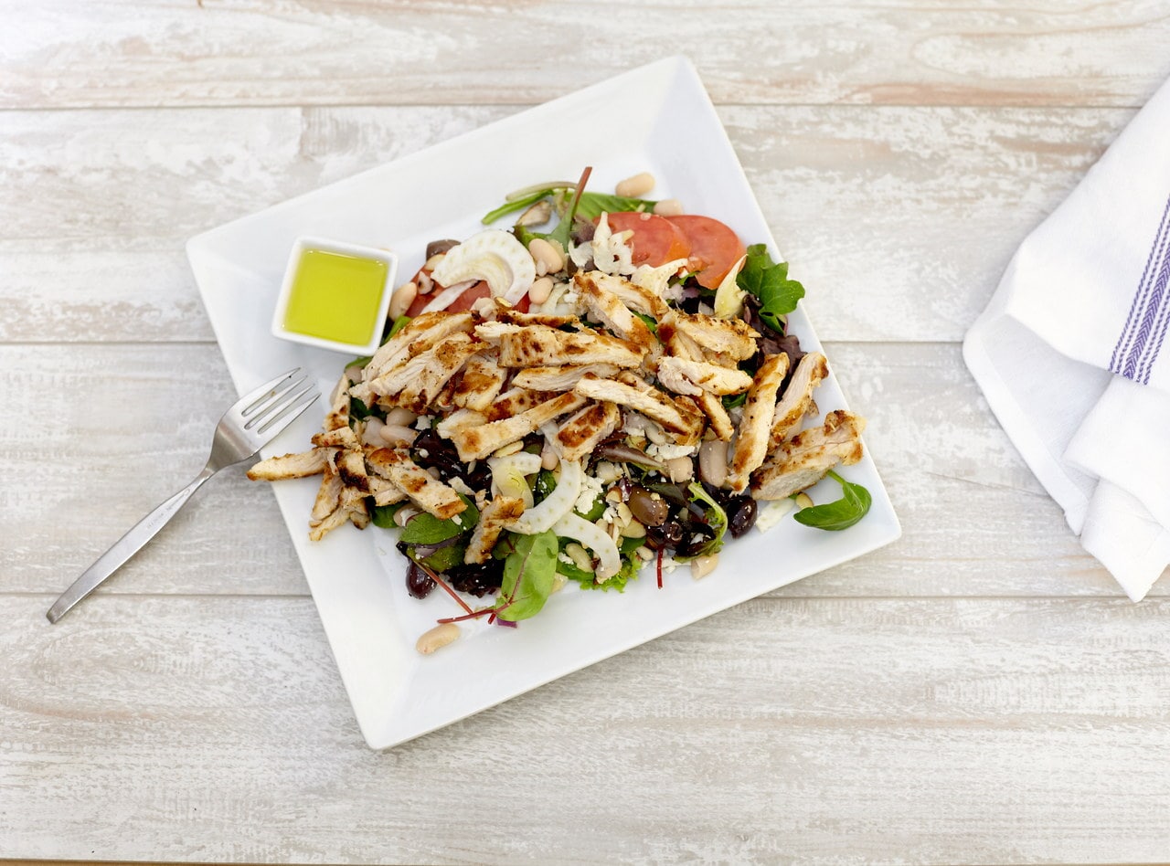 Chicken Mediterranean Salad with Feta-White Wine Vinaigrette by Chef Lilly Gjekmarkaj