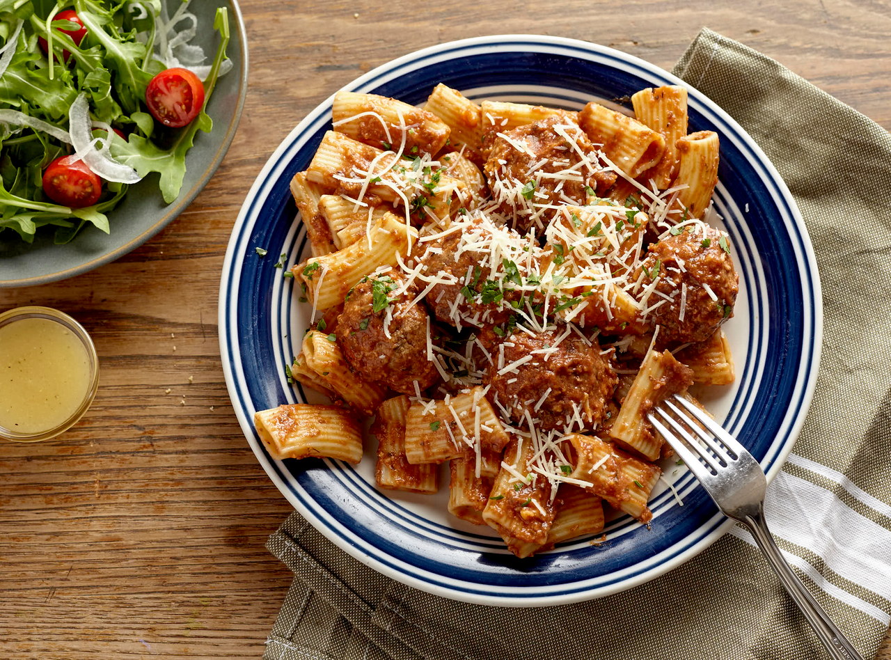 Rigatoni and Meatballs in Roasted Tomato Sauce by Chef Jenn Strange